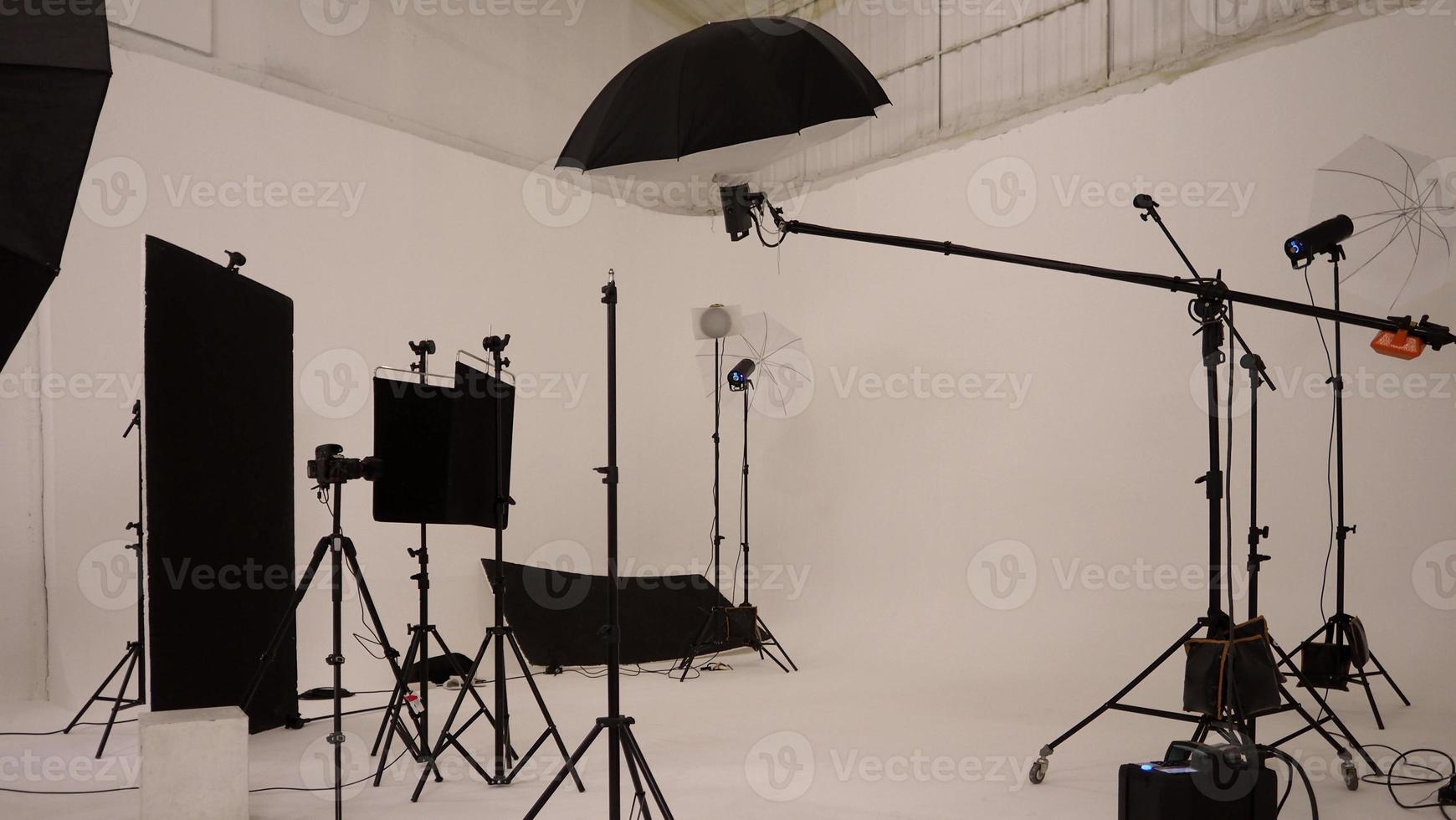 Studio video production lighting set. Behind the scenes shooting production set up photo