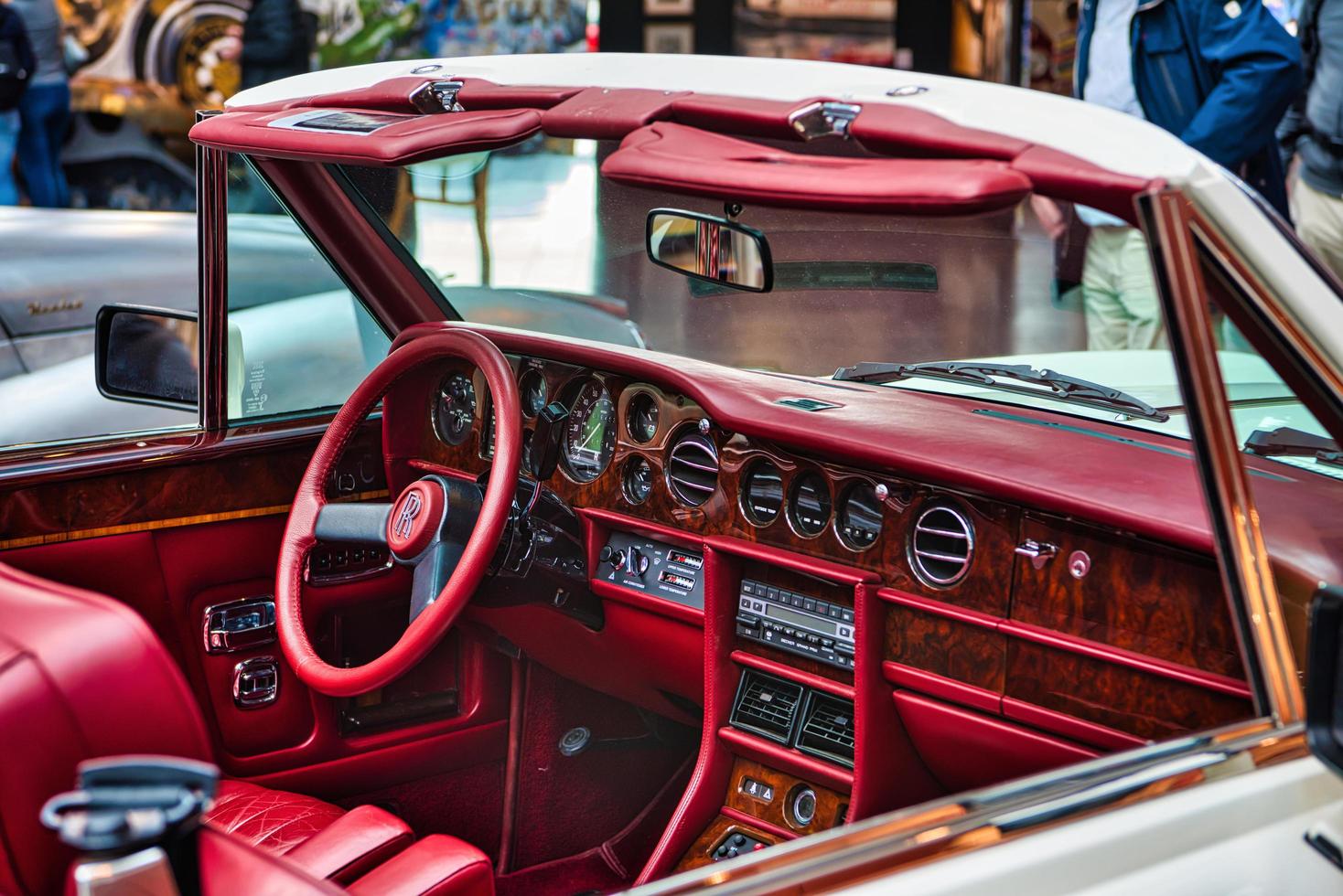 FRIEDRICHSHAFEN - MAY 2019 red interior in white ROLLS-ROYCE CORNICHE 1986 cabrio at Motorworld Classics Bodensee on May 11, 2019 in Friedrichshafen, Germany photo