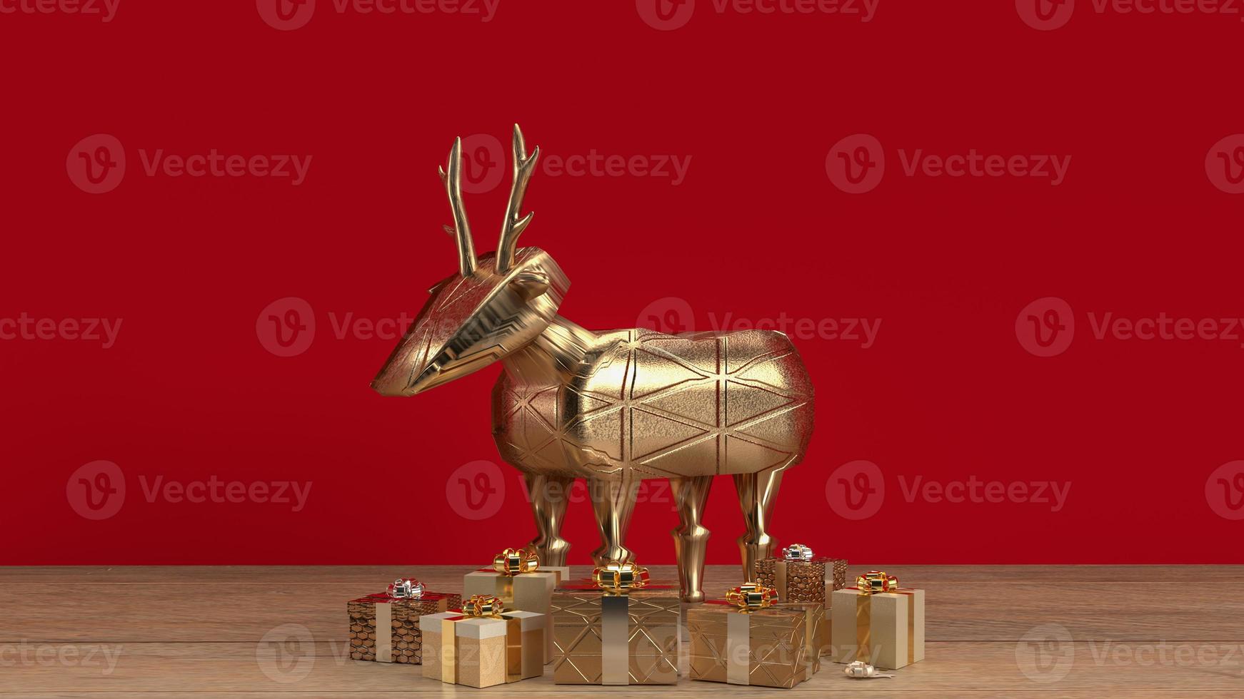 The gold deer and gift box on wood table for celebration time 3d rendering. photo