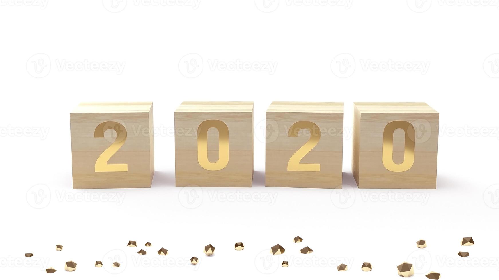 2020 gold number on wood cube for  new year concept 3d rendering. photo