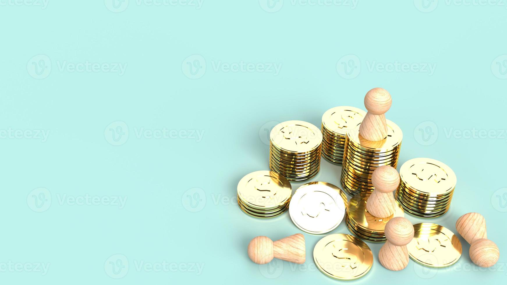 The wooden human figure gold coin 3d rendering on blue background  for business content. photo