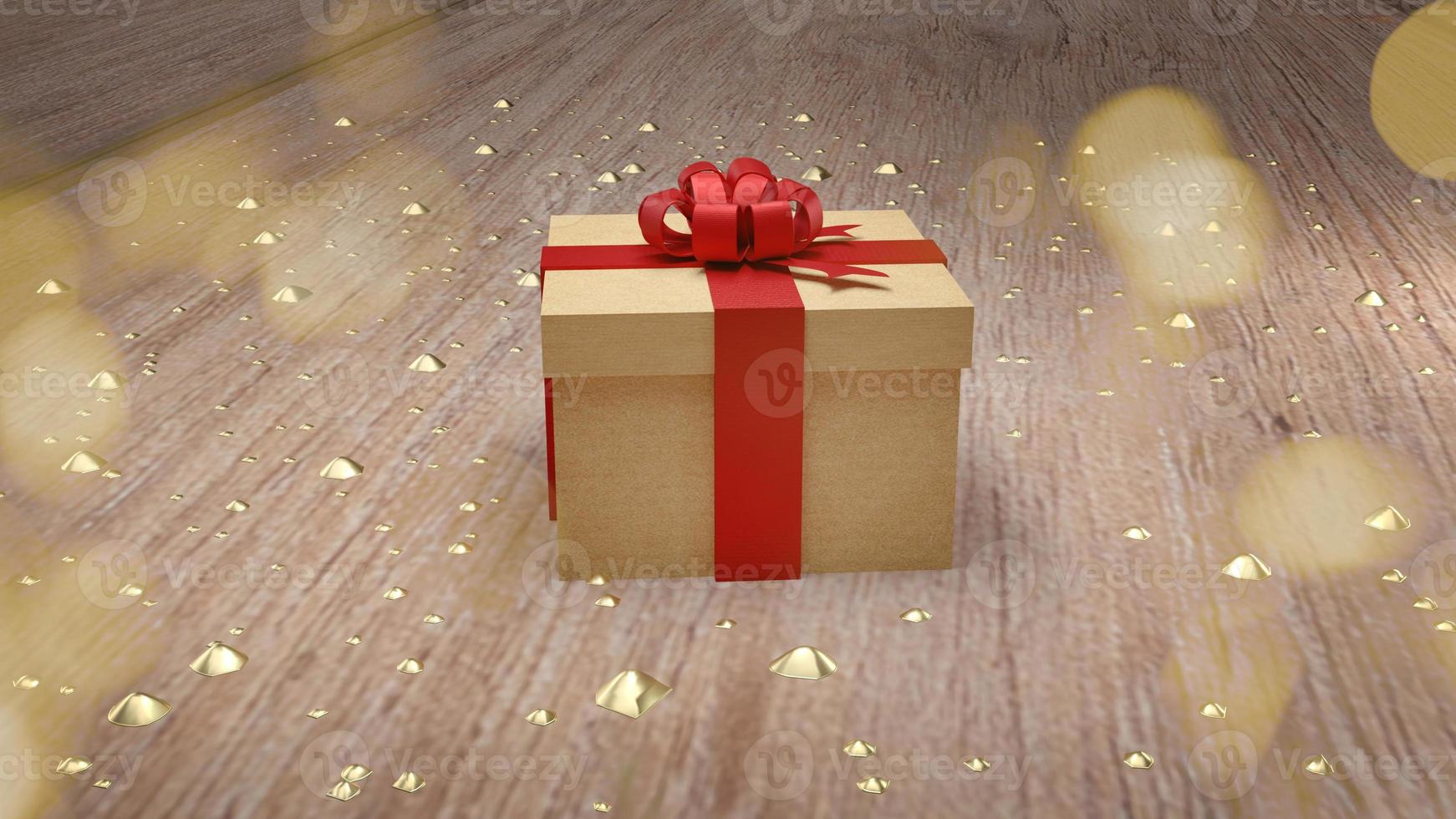 gift box  on. Wood table 3d rendering for holiday content. photo