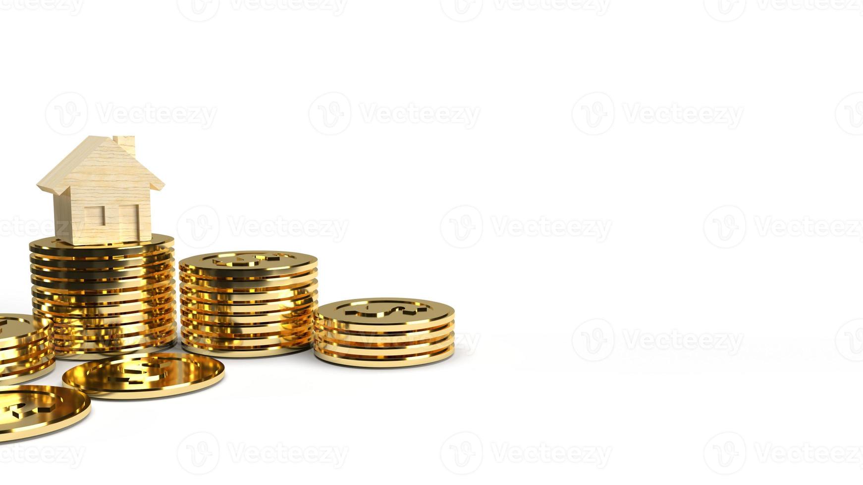 The  home wooden gold coins group 3d rendering on white background  for property content. photo