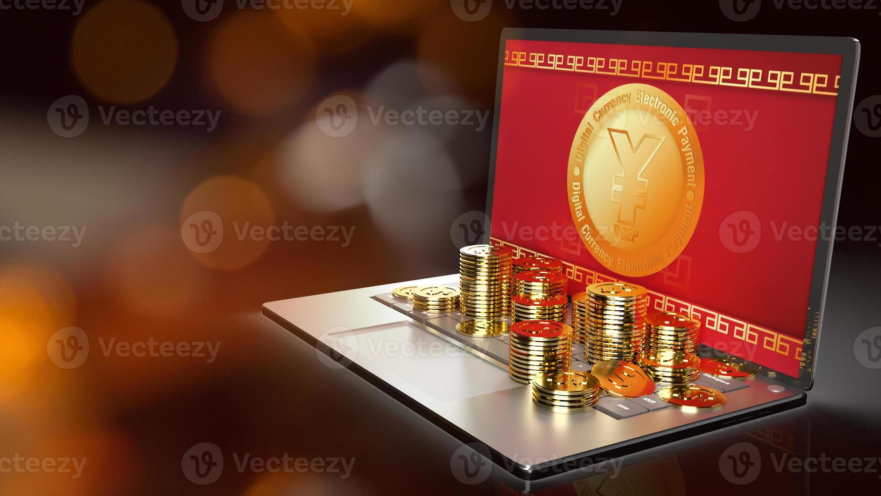 The yuan symbol on gold coins and  notebook  3d rendering for china Digital photo