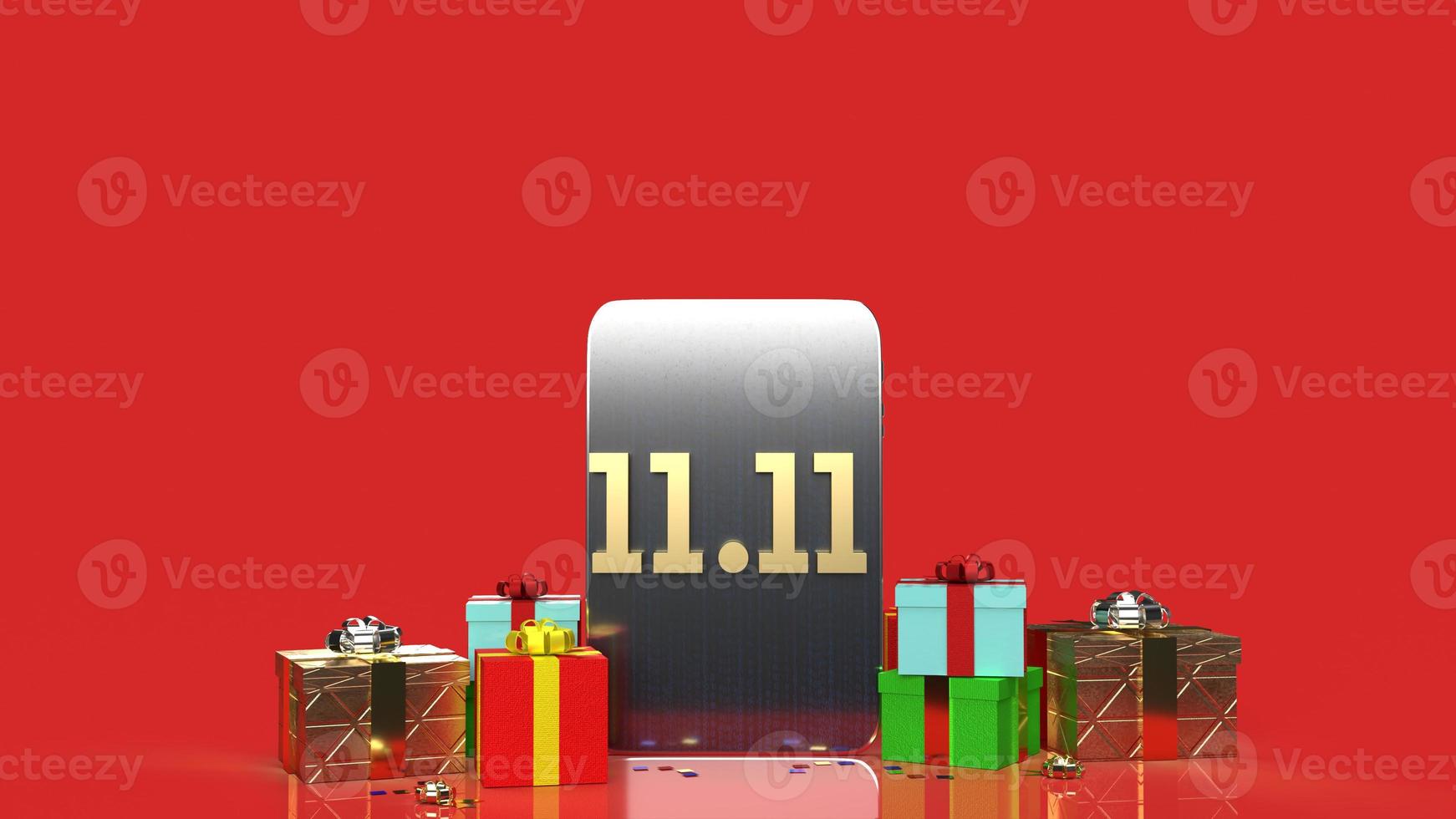 shopping festival 11.11 gold text and tablet, gift box 3d rendering. photo
