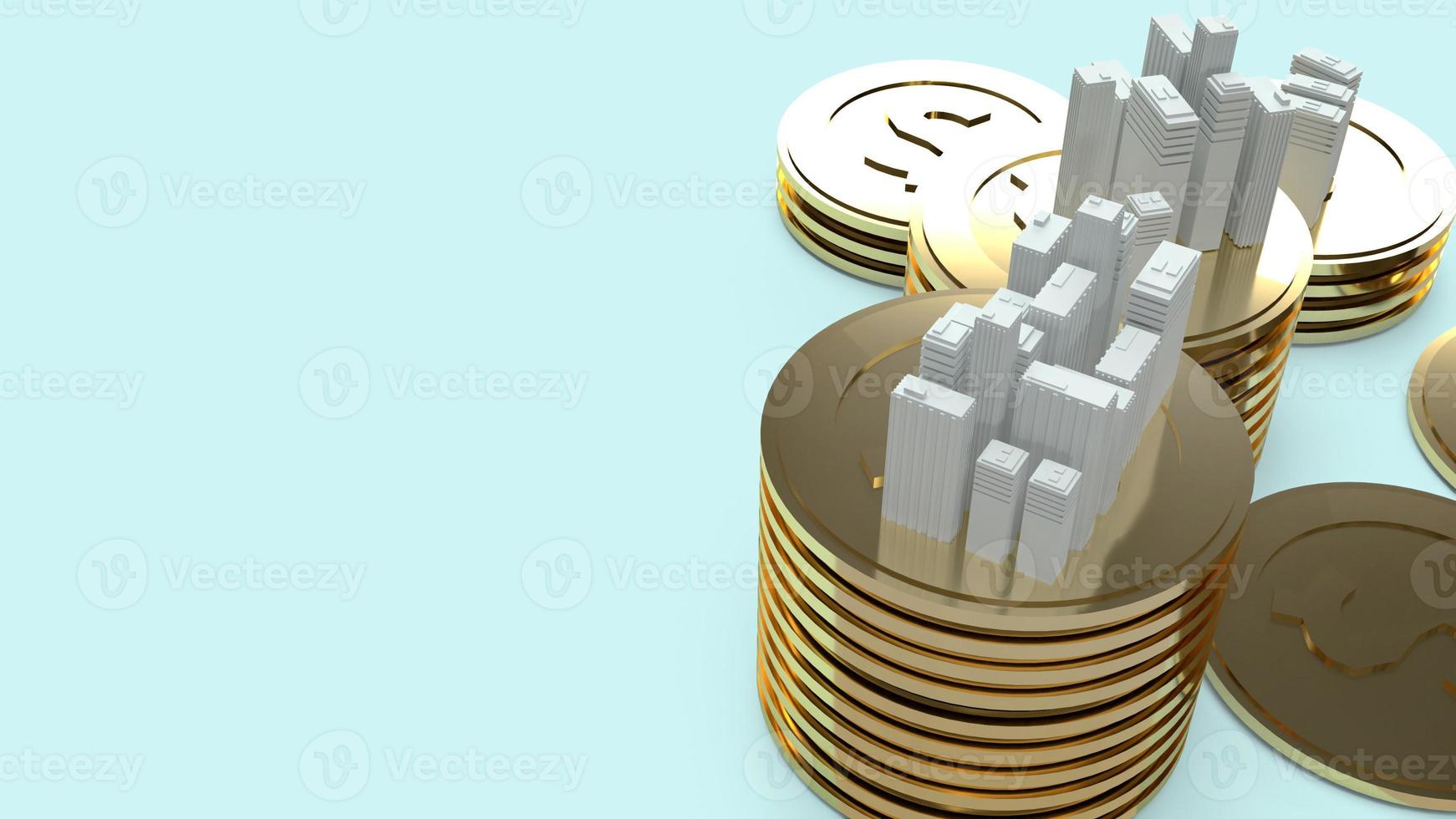 Building model and gold coins 3d rendering  for  property content. photo