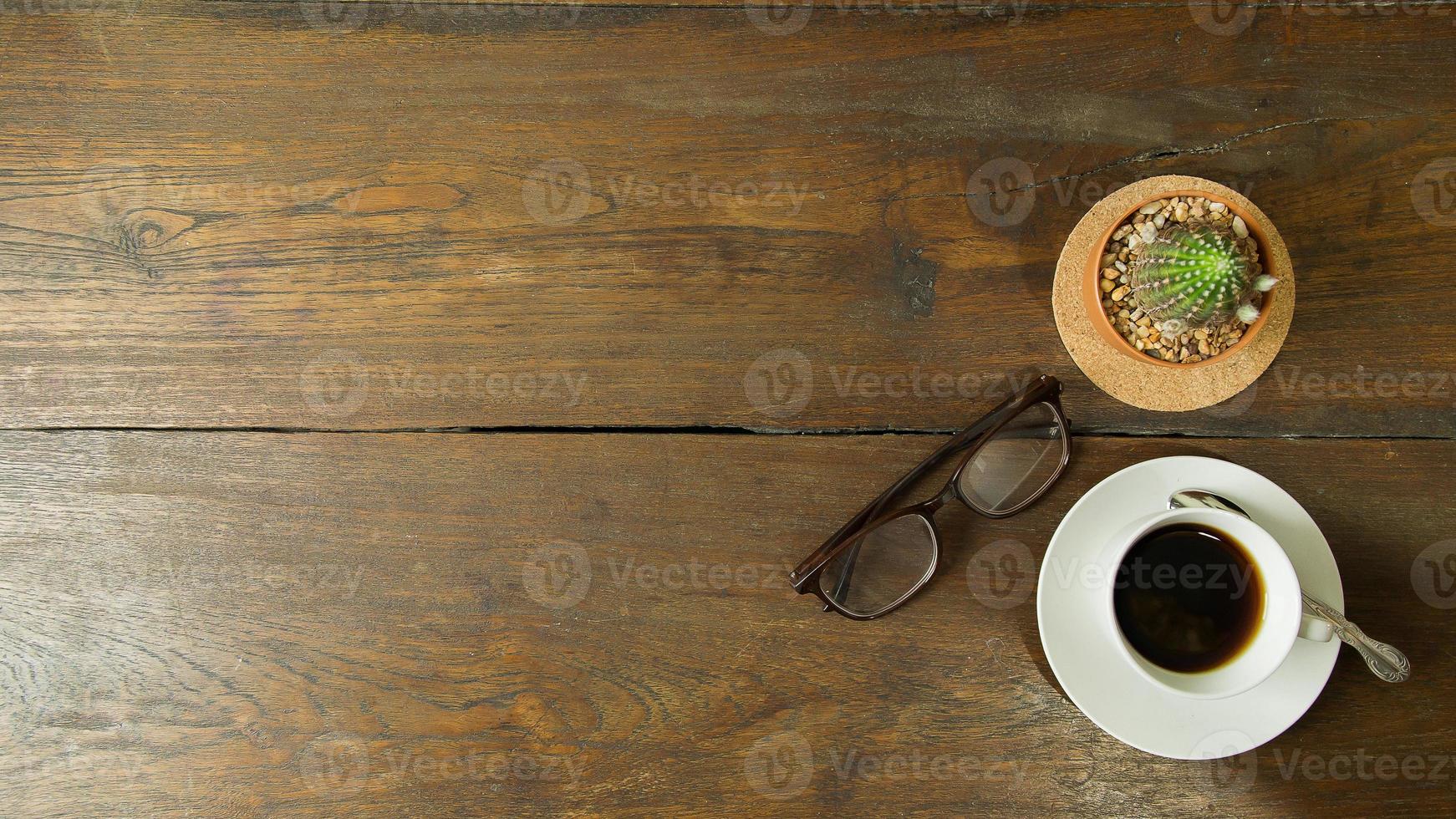 Business person working on wood table Flat lay background. photo