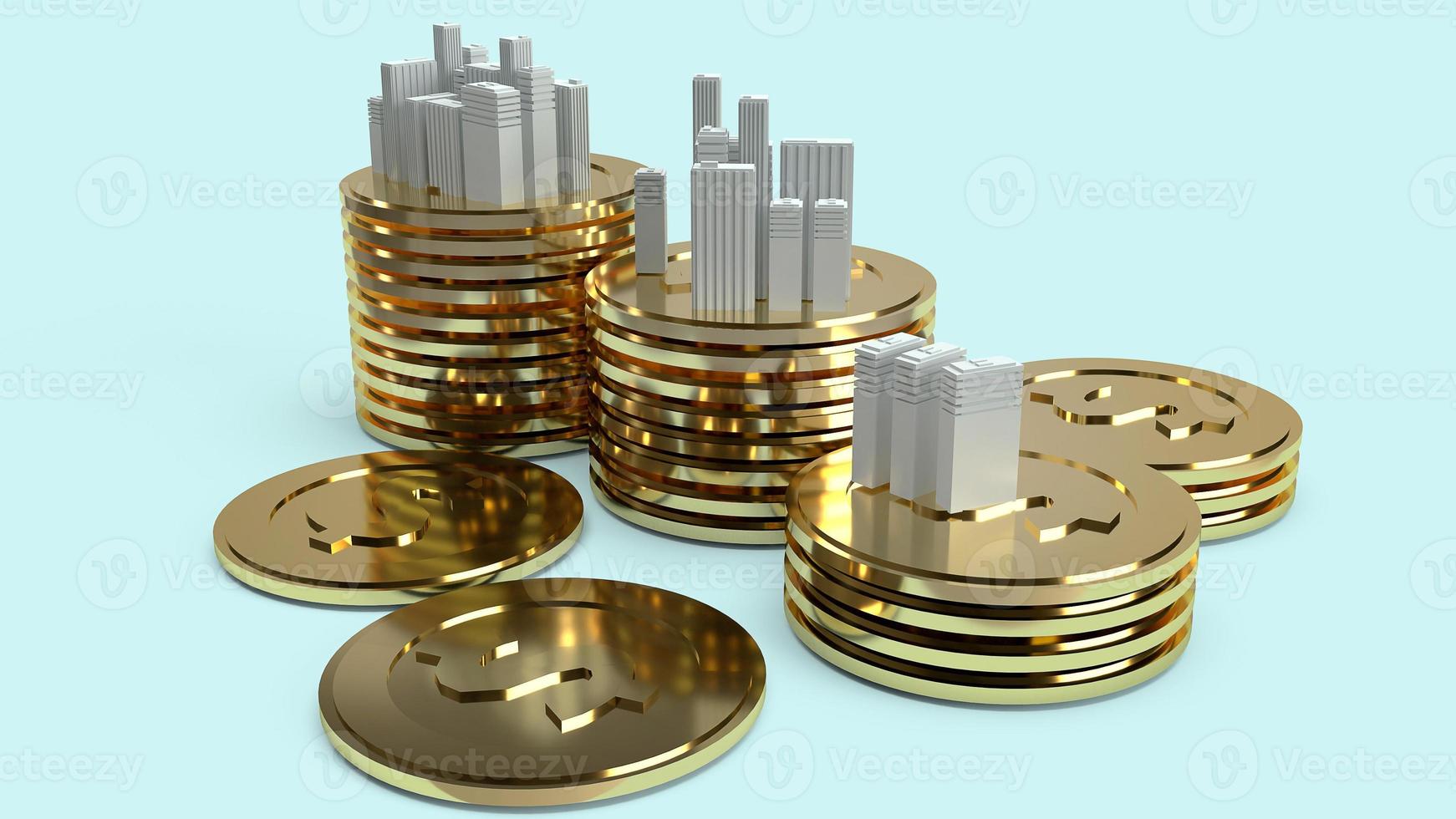 Building model and gold coins 3d rendering  for  property content. photo