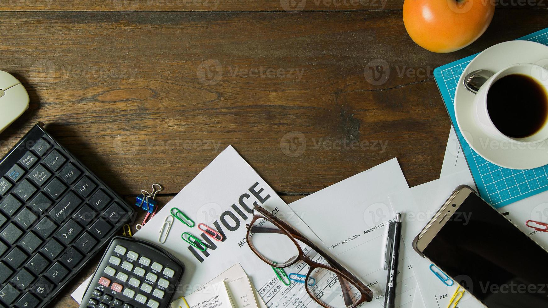 Business person working on wood table Flat lay background. photo