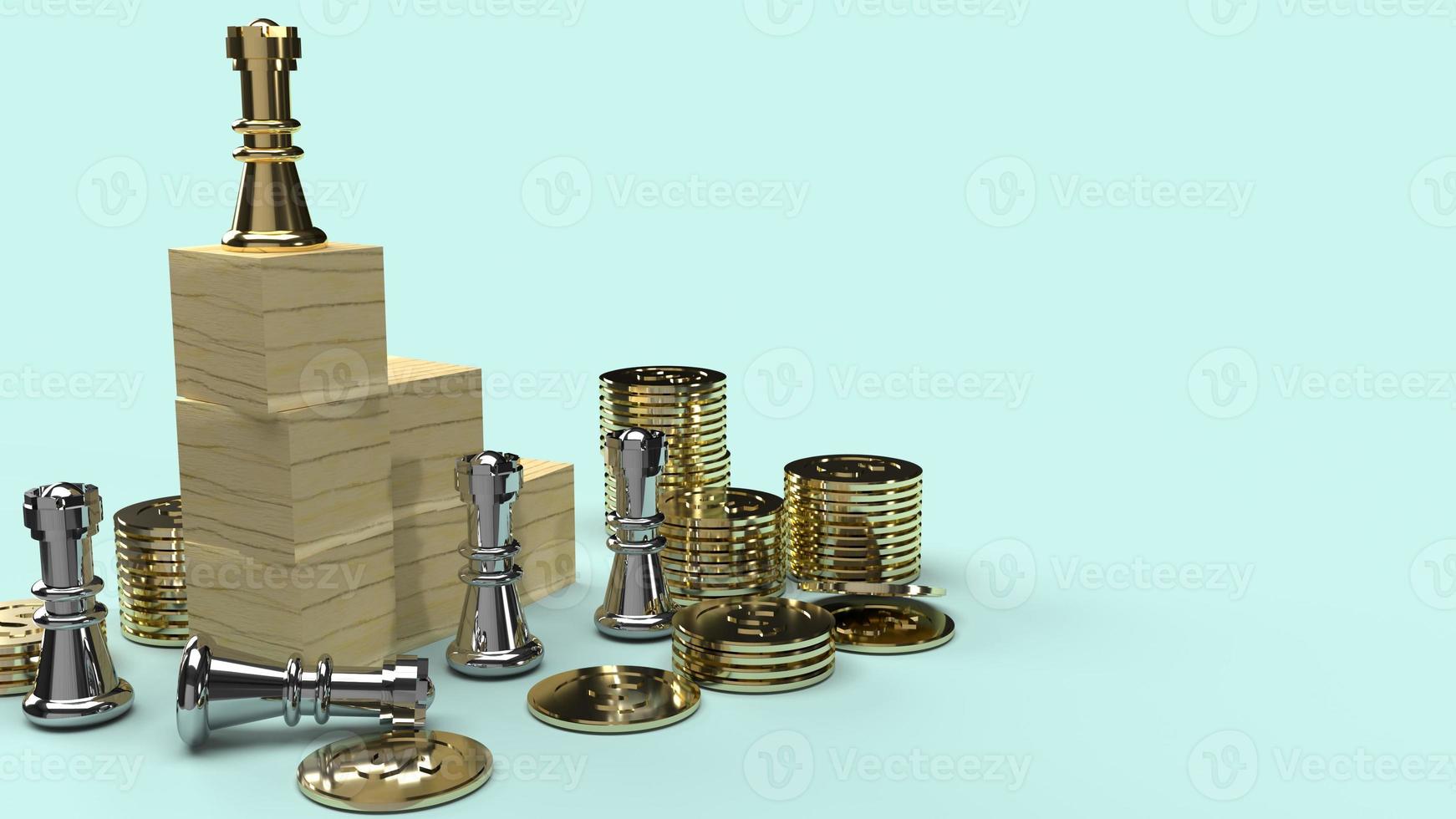 chess and wood cube gold coins on floor  for business content. photo