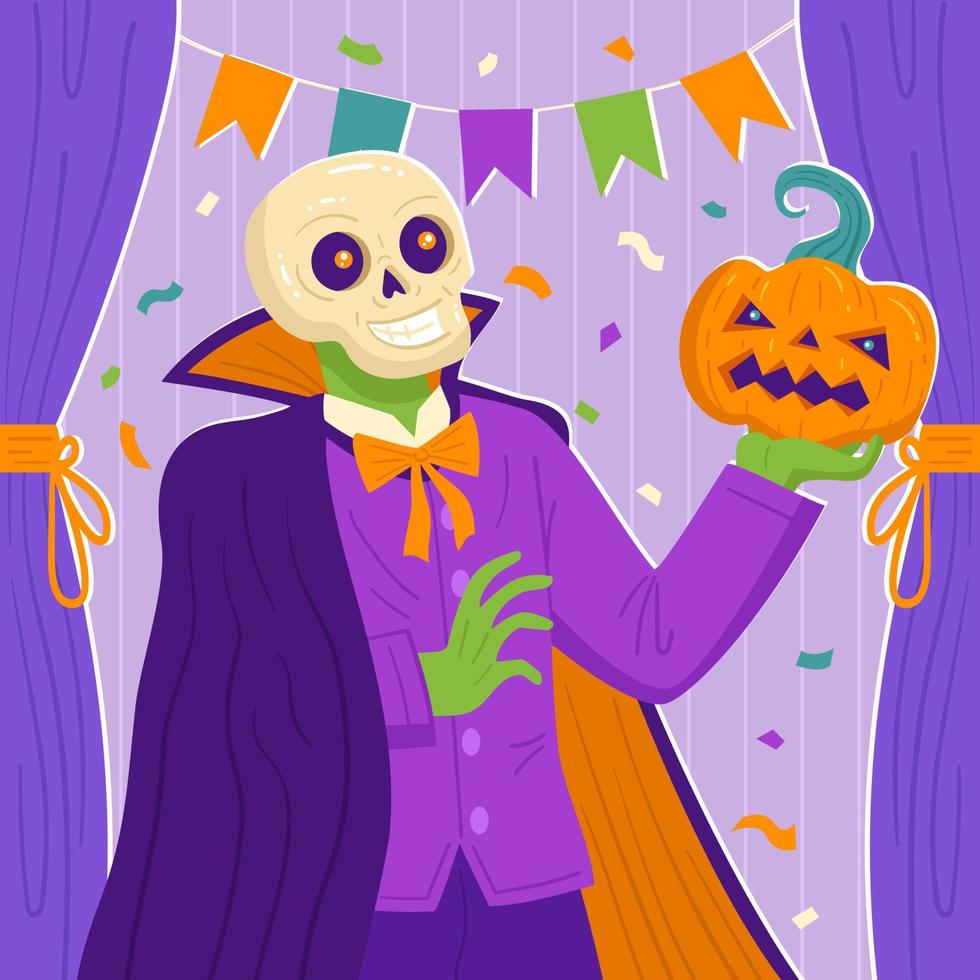 monstruo de cabeza de calavera sosteniendo calabaza en fiesta de adultos de fiesta de halloween vector