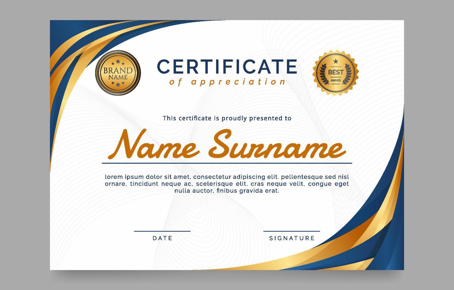 Gradient Dark Blue and Golden Certificate of Appreciation Template vector