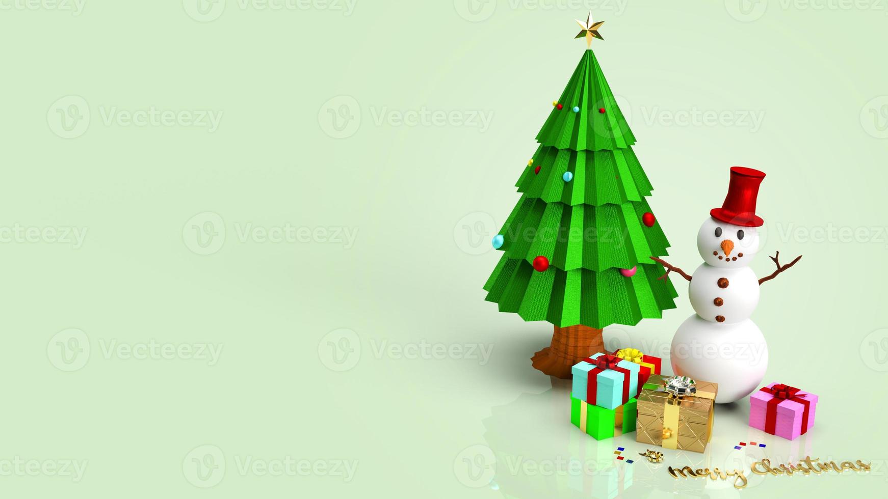 muñeco de nieve y árbol de navidad para la representación 3d de contenido de vacaciones. foto