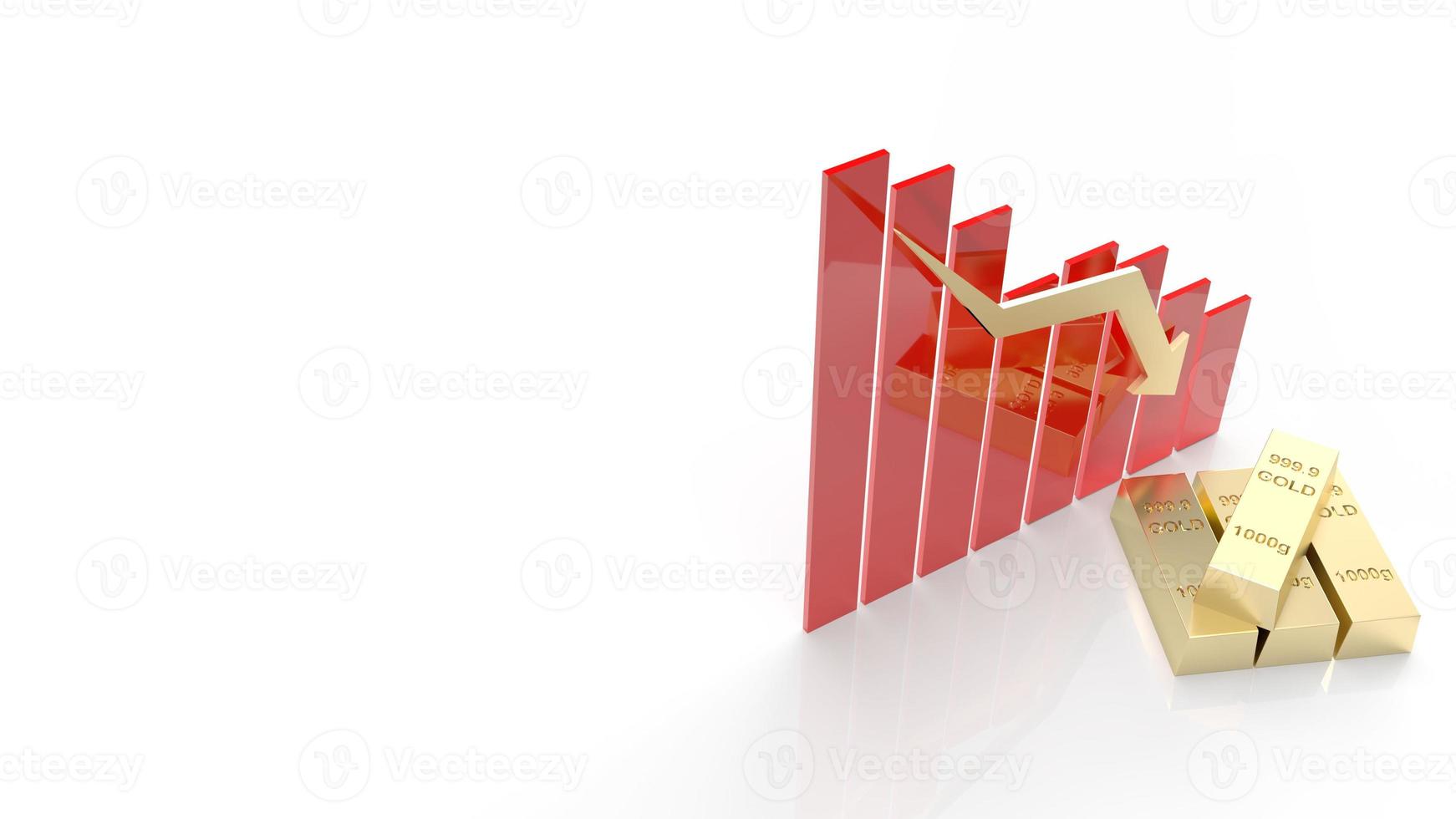 barra de oro y flecha de gráfico hacia abajo para la representación 3d del contenido del precio del oro foto