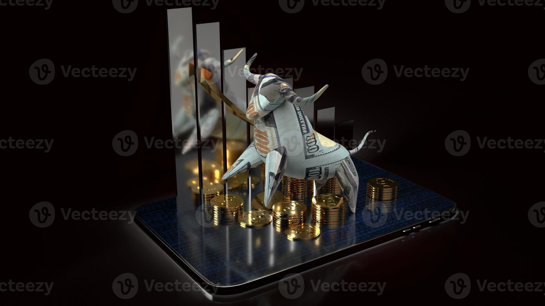 bull surface banknote and coins on tablet for business content 3d rendering. photo