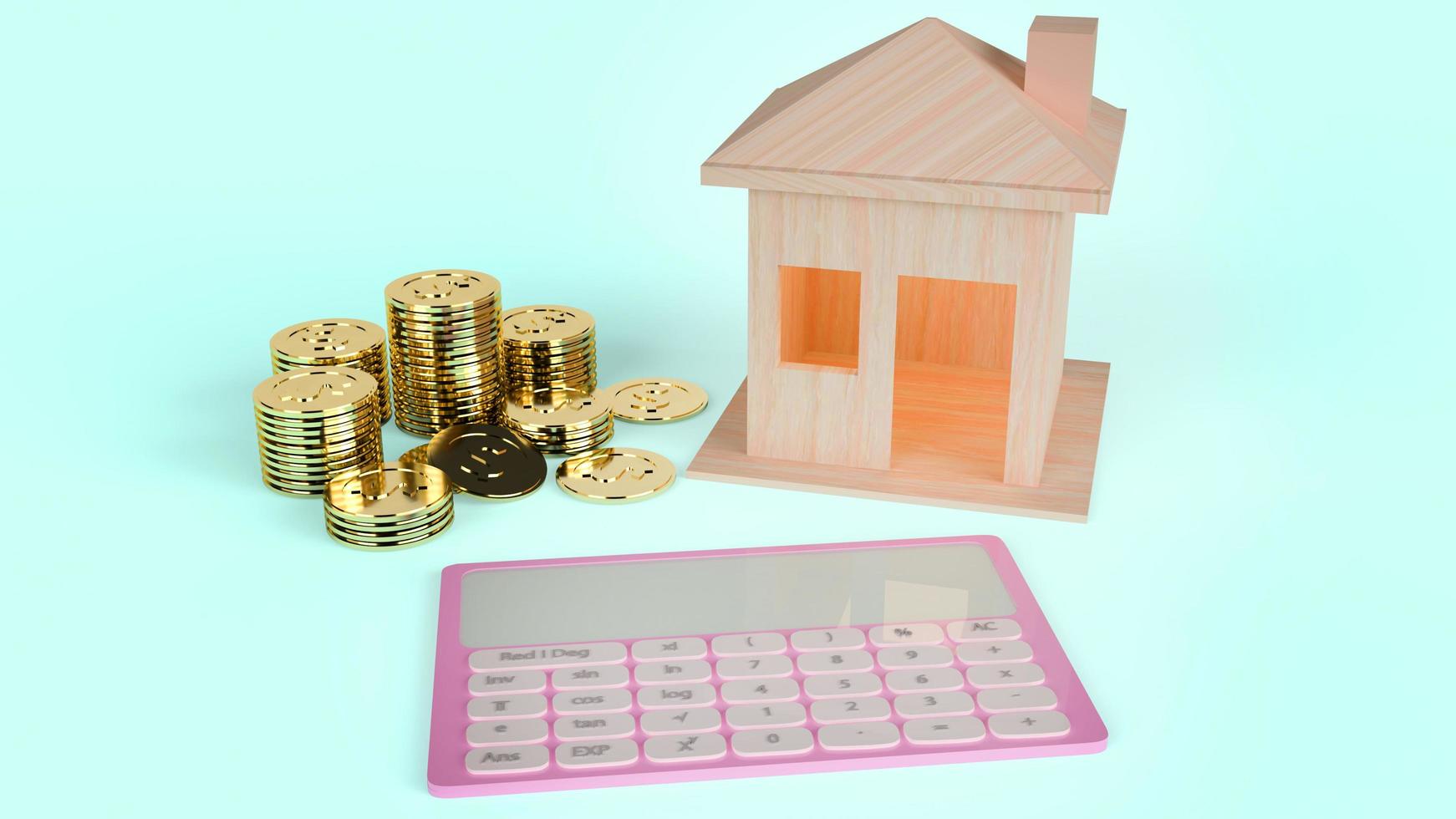 wood house and calculator on white background 3d rendering photo