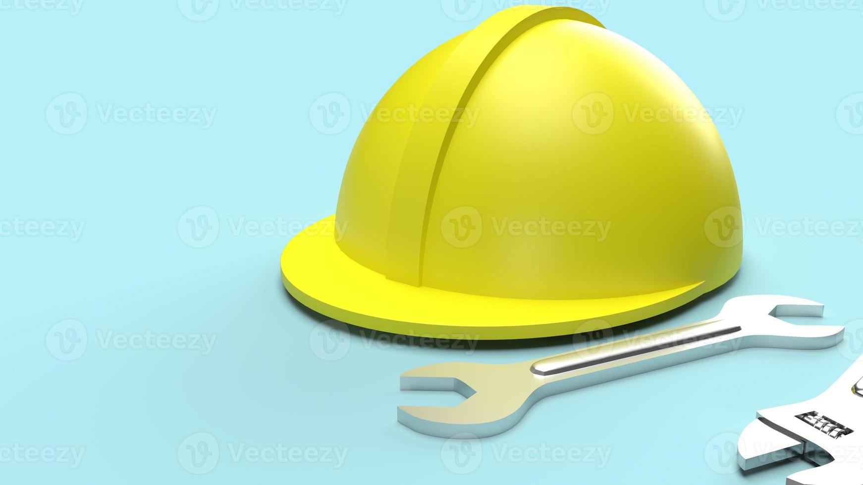 casco de seguridad y llave inglesa sobre fondo azul representación 3d para el contenido del día del trabajo foto