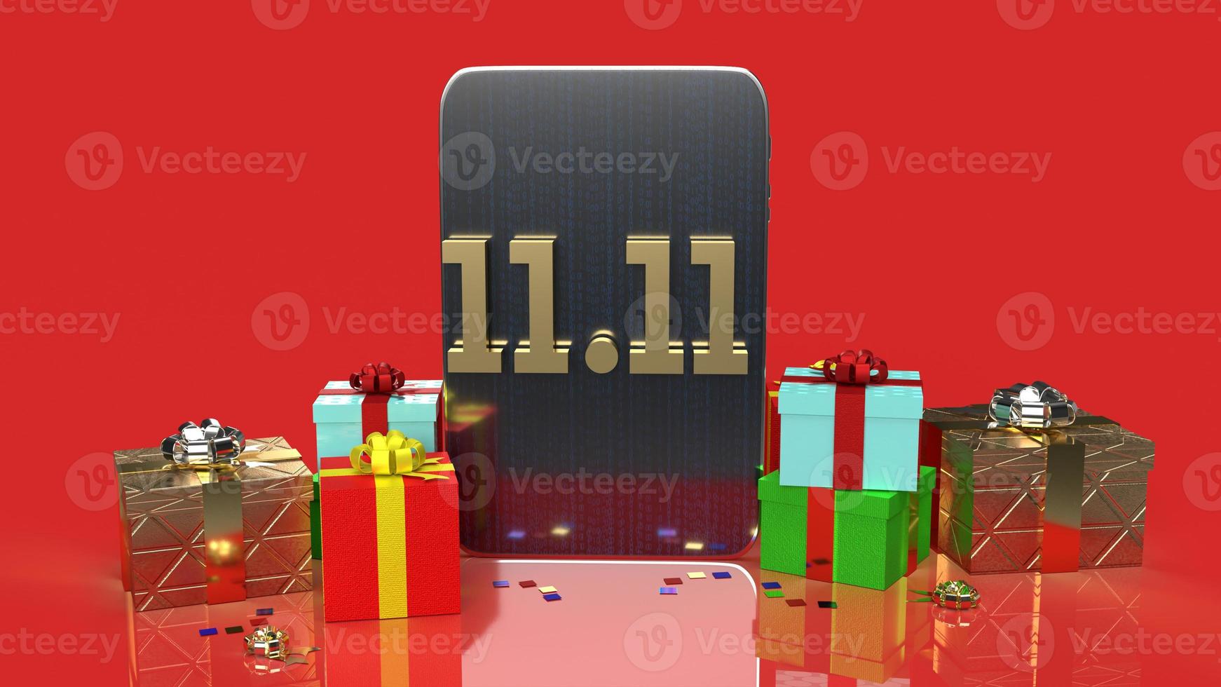 shopping festival 11.11 gold text and tablet, gift box 3d rendering. photo