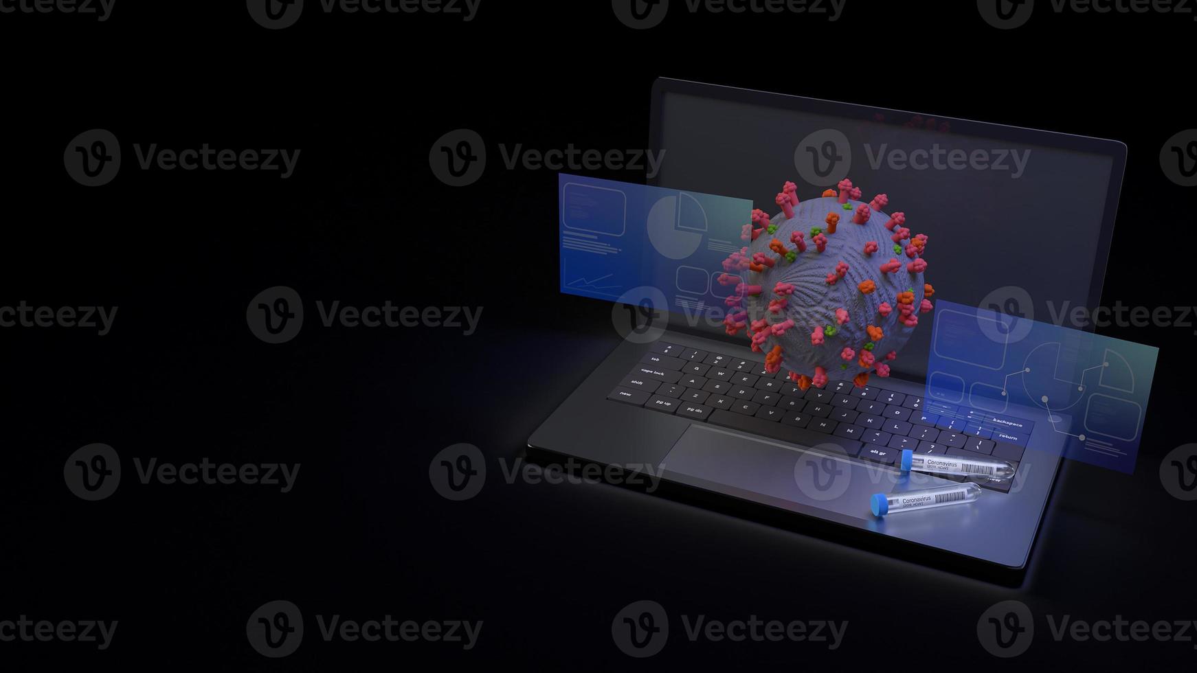 corona virus and  science tube on notebook 3d rendering for medical content. photo