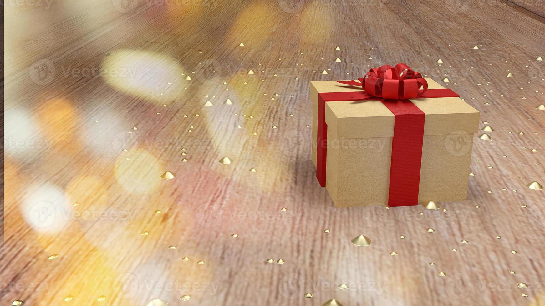gift box  on. Wood table 3d rendering for holiday content. photo
