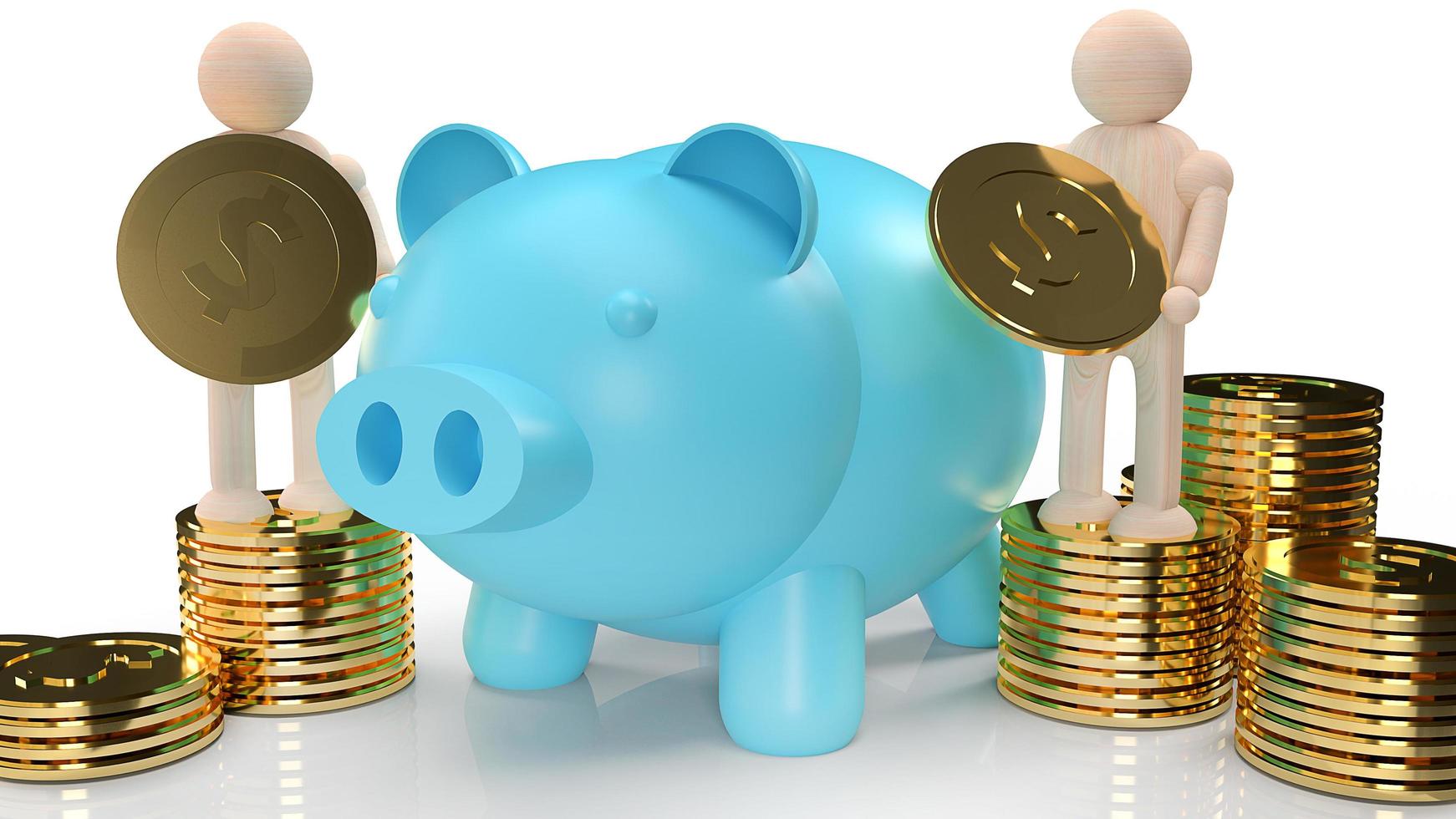 blue piggy bank and wood figure hold gold coins for business content 3d rendering. photo