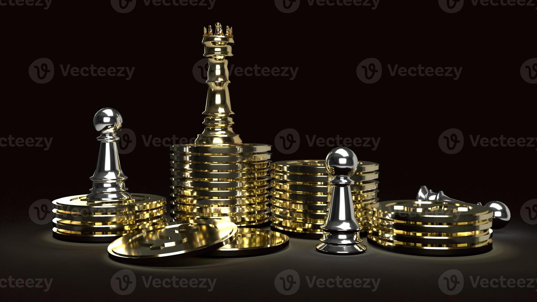 gold king chess on gold coins and silver Pawn  in dark tone 3d rendering for business content. photo