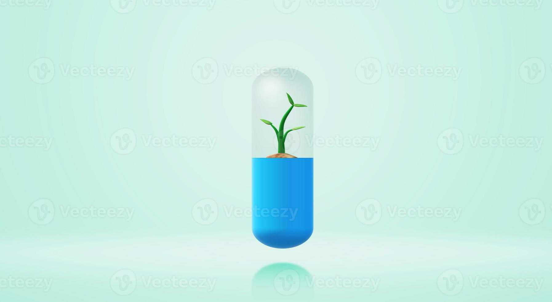 3d rendering capsule tree Sapling for medicine content. photo