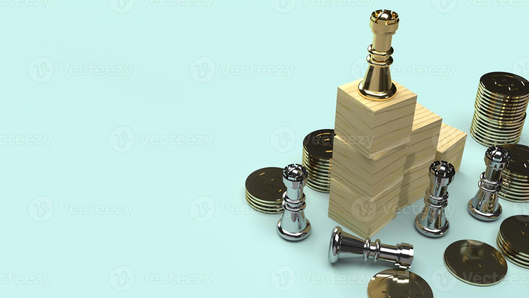 chess and wood cube gold coins on floor  for business content. photo