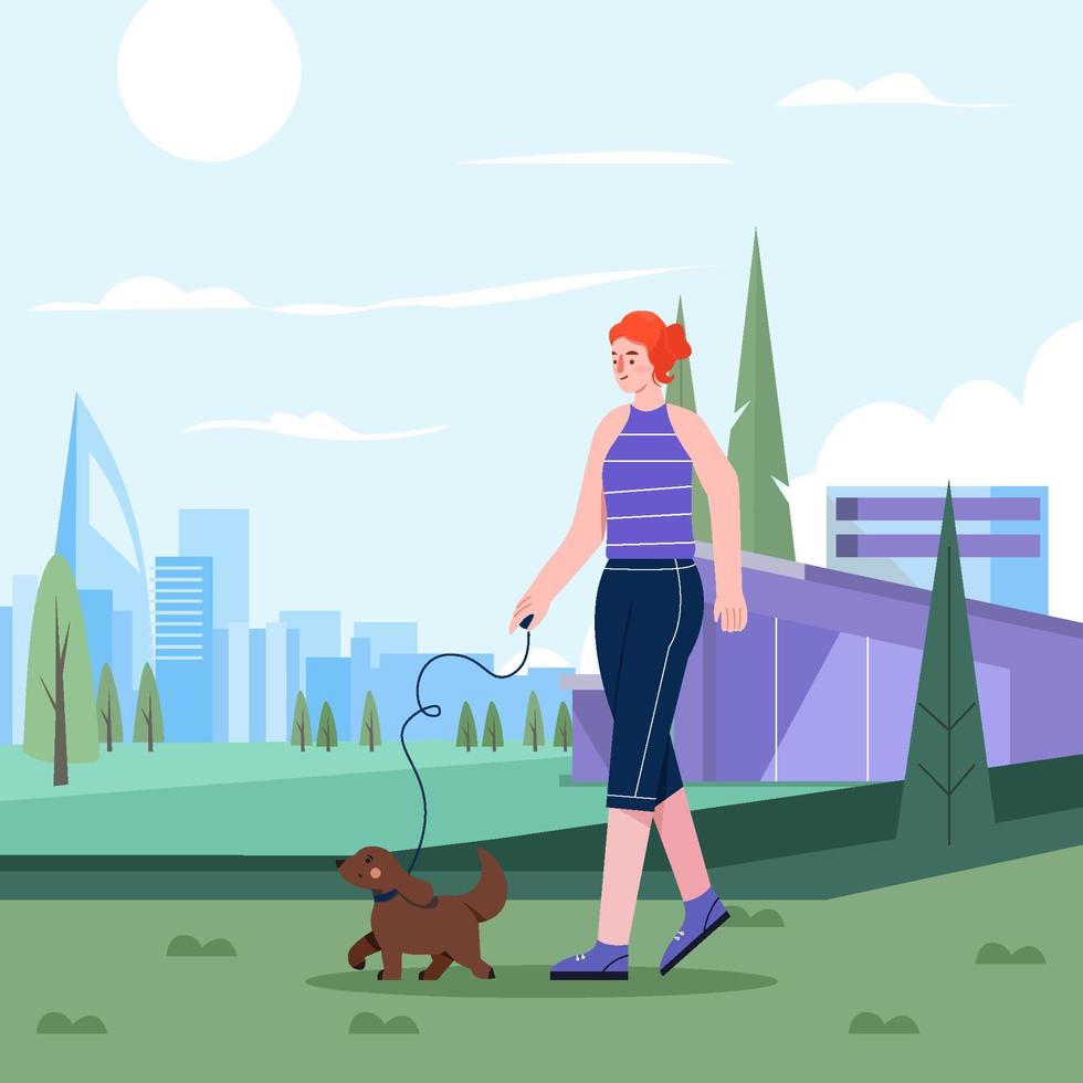 Woman Take Her Dog For A Walk Concept vector