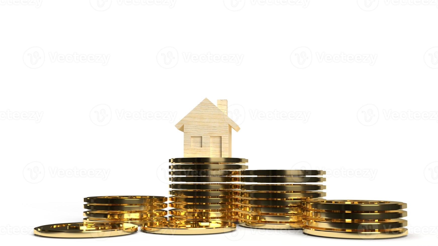 The  home wooden gold coins group 3d rendering on white background  for property content. photo