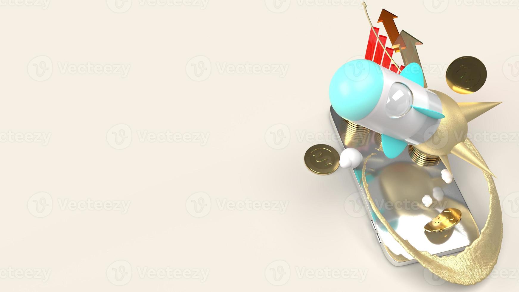 rocket fly on mobile phone 3d rendering for startup content. photo