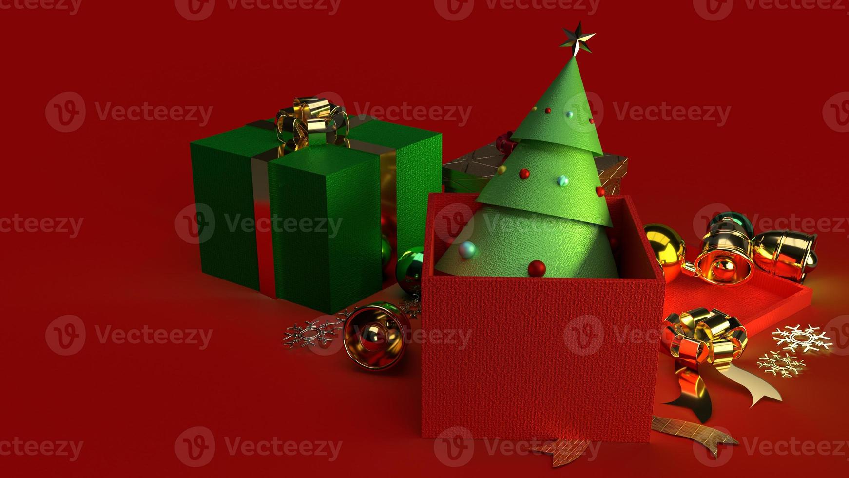 árbol de navidad en caja de regalo renderizado 3d para contenido navideño. foto