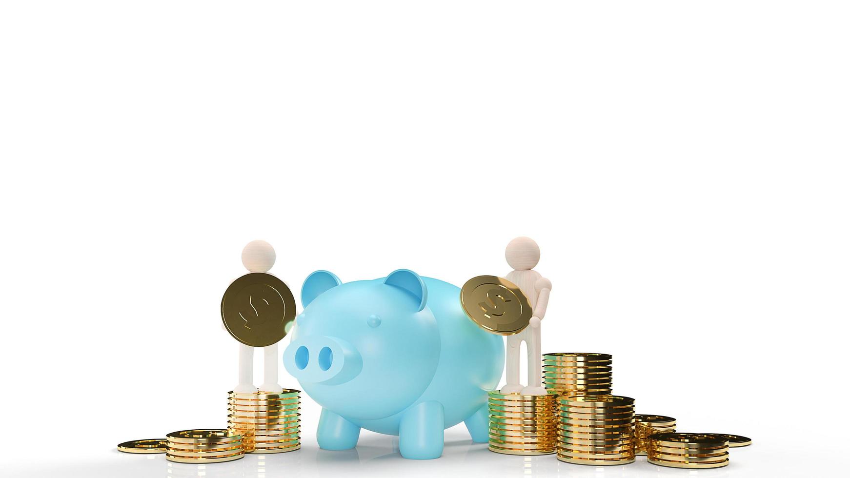 blue piggy bank and wood figure hold gold coins for business content 3d rendering. photo