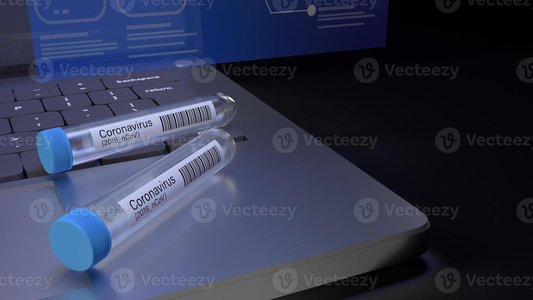 corona virus and  science tube on notebook 3d rendering for medical content. photo