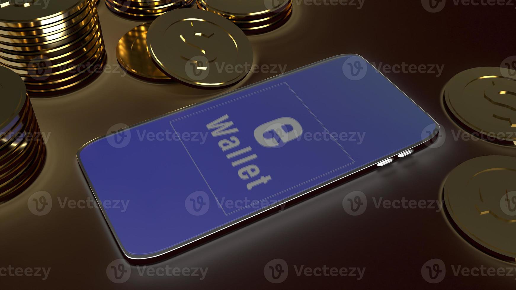 mobile symbol e wallet  and gold coins 3d rendering for e business concept. photo