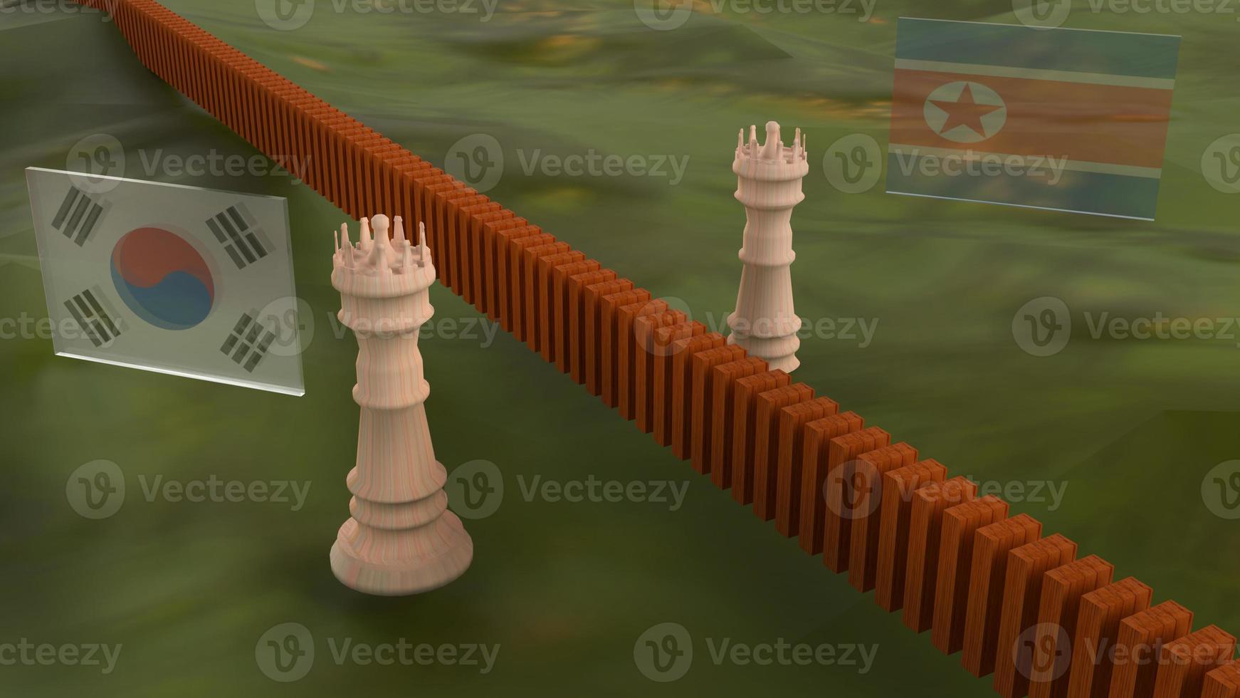 chess on map north Korea and south Korea flags   3d rendering for  border content. photo