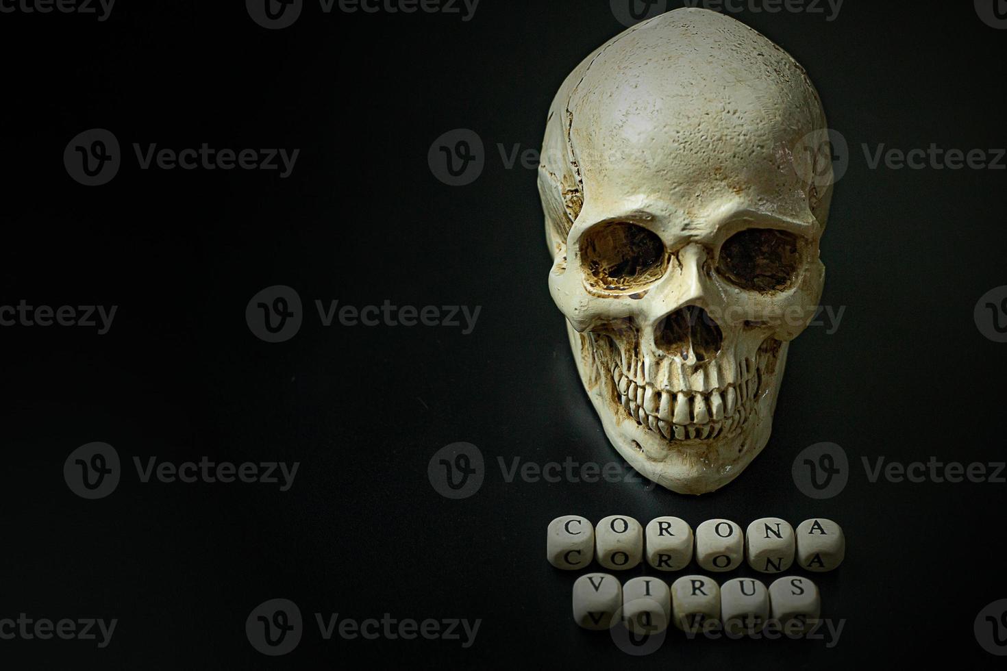 corona virus  wooden cube and skull  on black background for medical content. photo