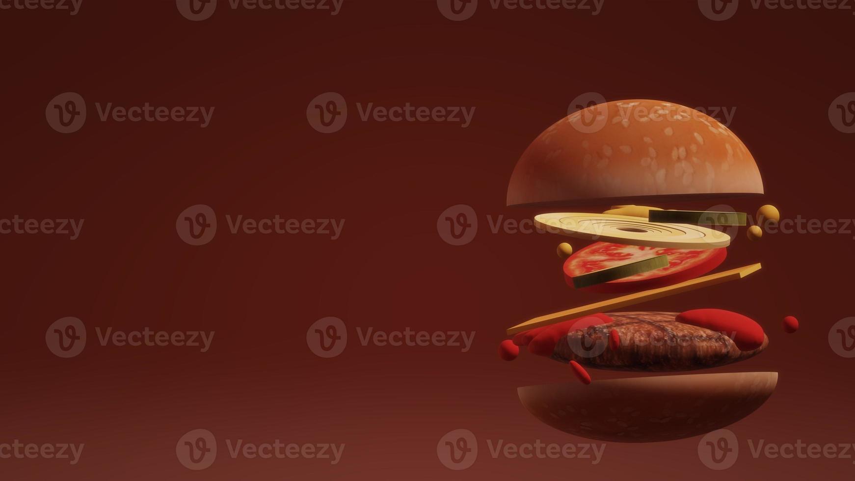 3D Hamburger on red background for food content. photo