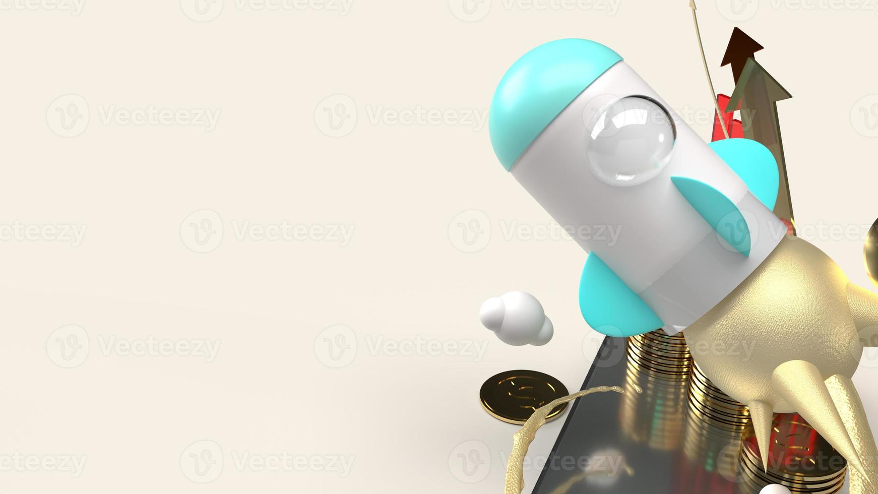 rocket fly on mobile phone 3d rendering for startup content. photo