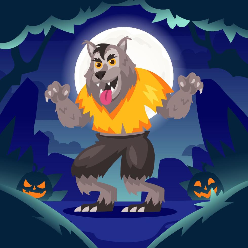 monstruo lobo en la noche de halloween vector