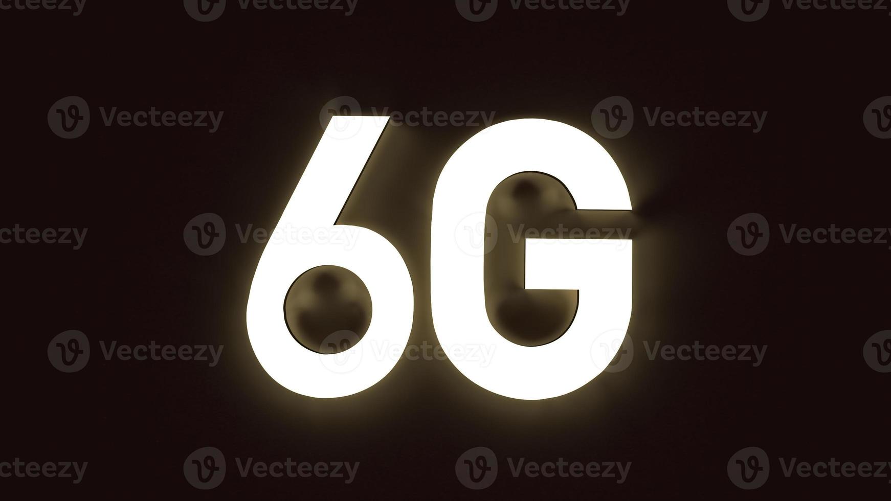 3d rendering 6g text gold surface glow in dark image for mobile technology content. photo