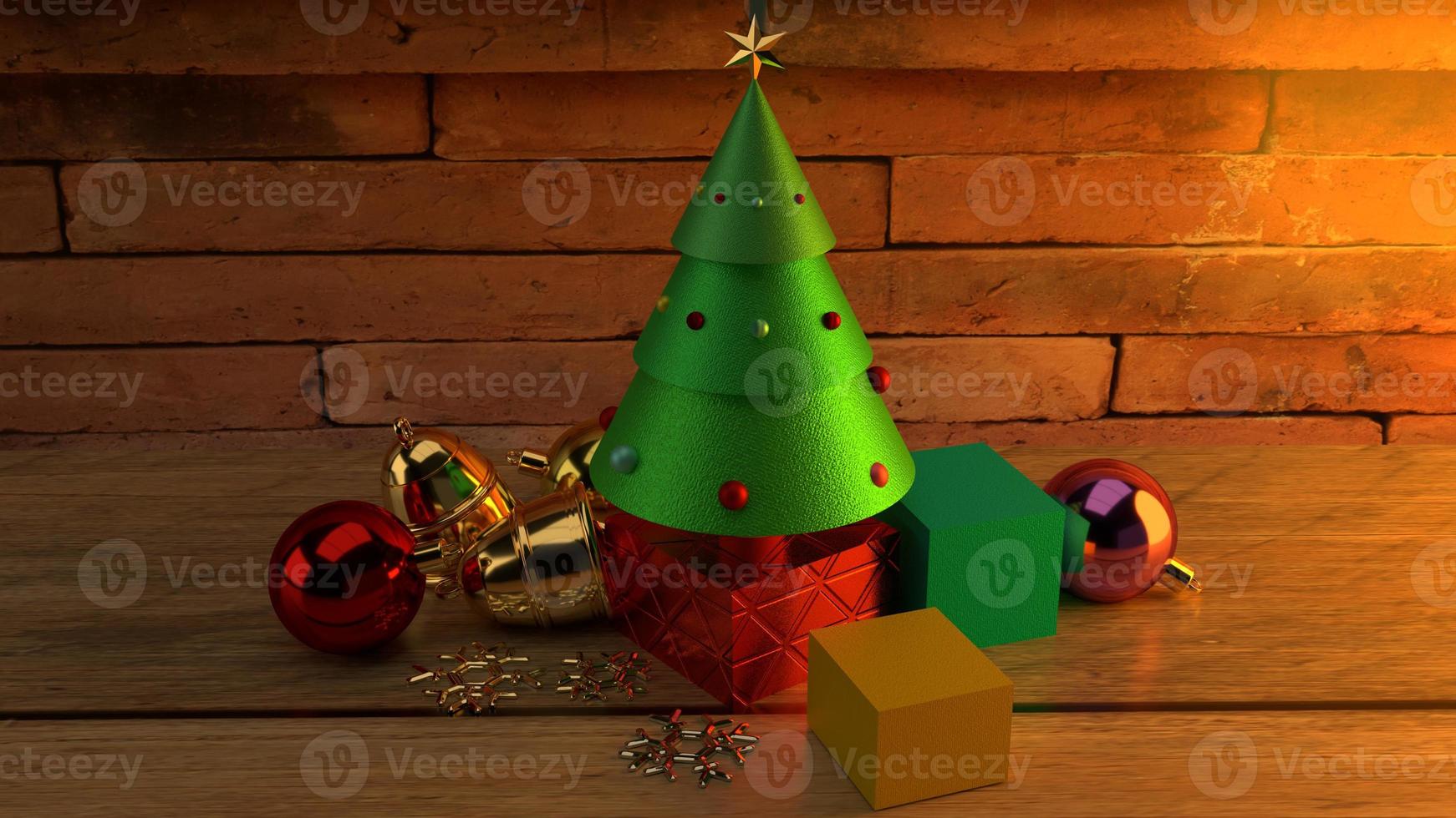 Christmas tree on wood table 3d rendering image for christmas celebration content. photo