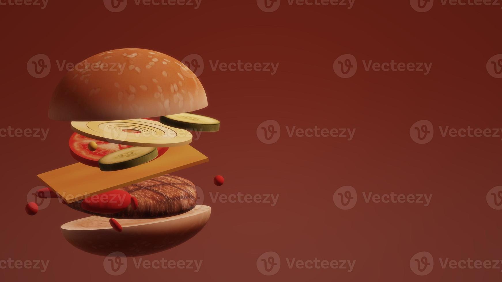 3D Hamburger on red background for food content. photo