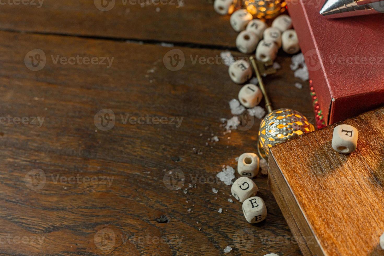 Christmas equipment decorations on wood background for holiday concept. photo