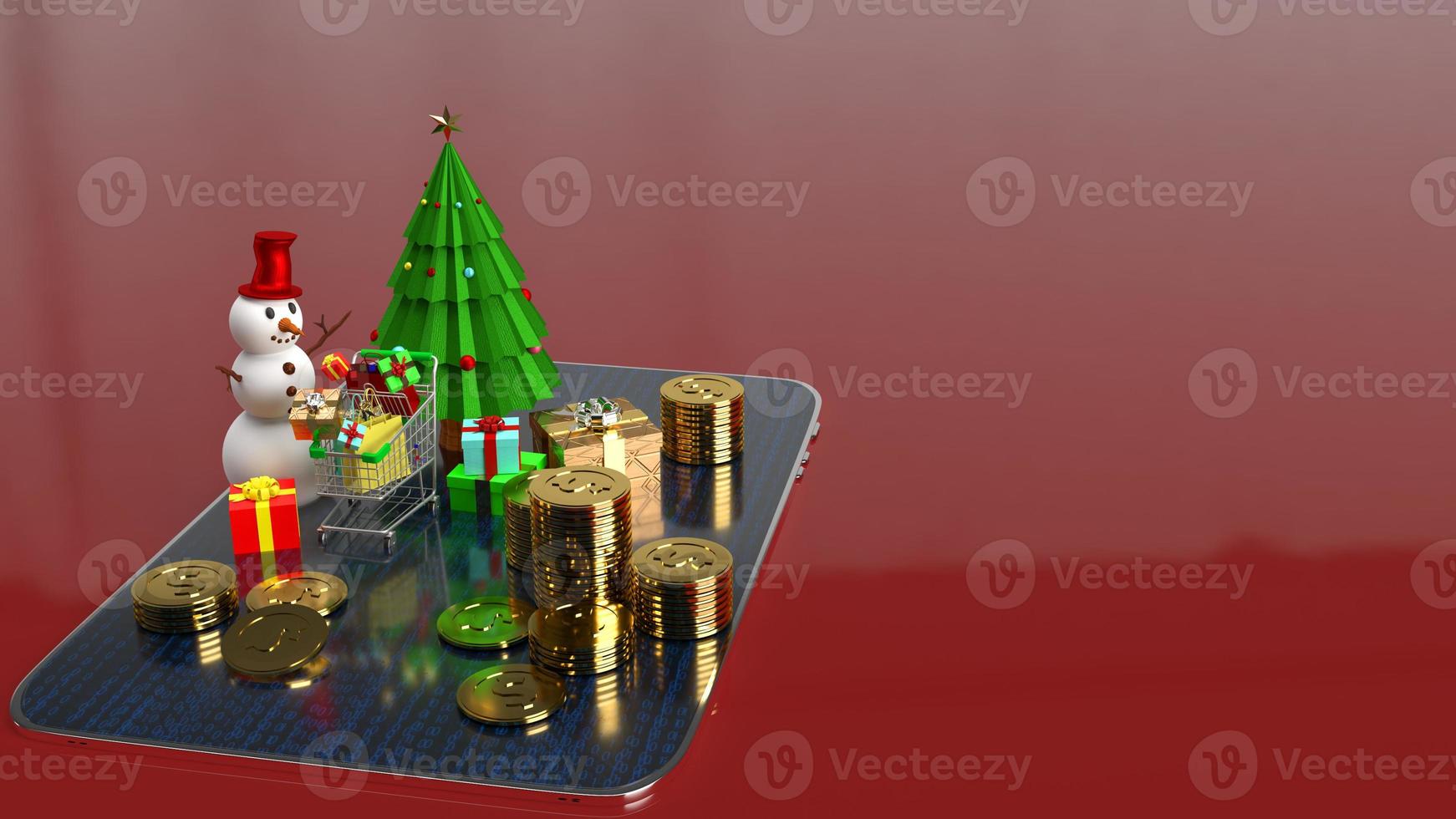 el muñeco de nieve y el carrito de compras en la tableta para marketing en línea en navidad y año nuevo contenido de vacaciones renderizado 3d foto