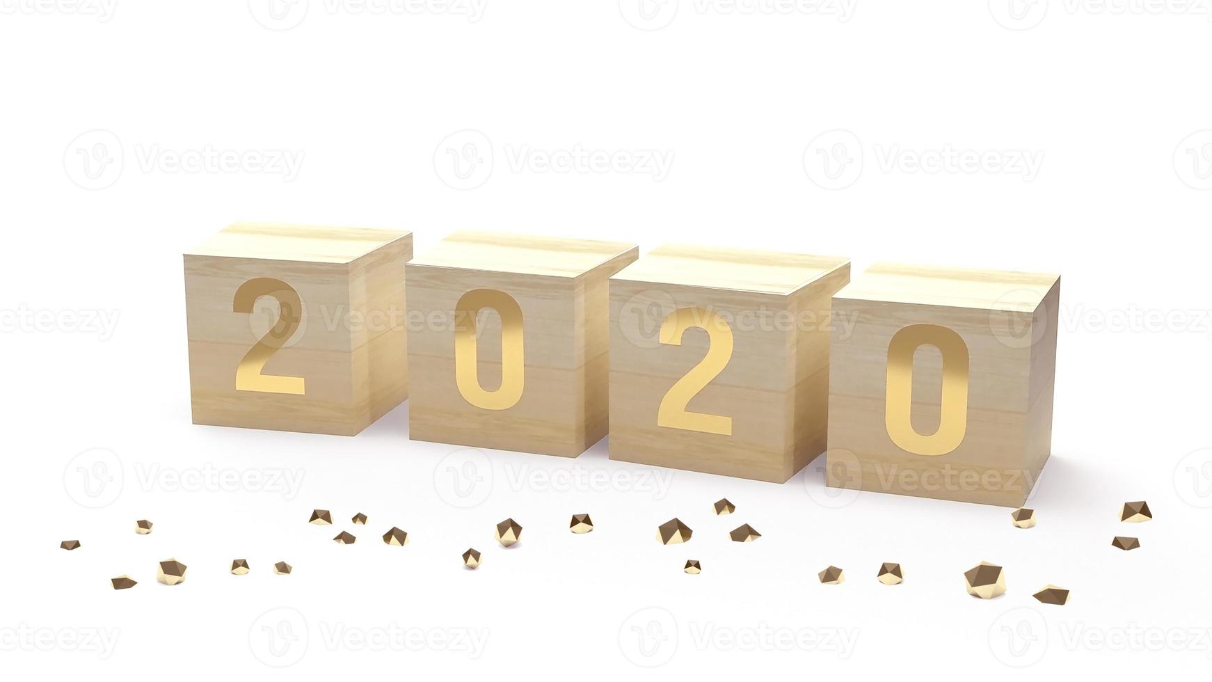 2020 gold number on wood cube for  new year concept 3d rendering. photo