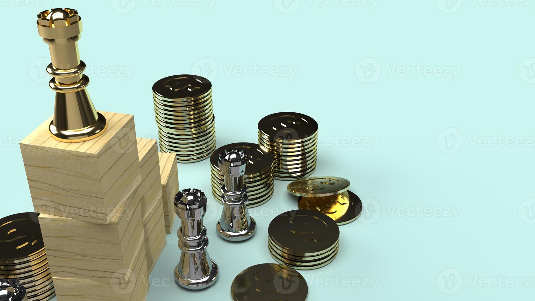 chess and wood cube gold coins on floor  for business content. photo