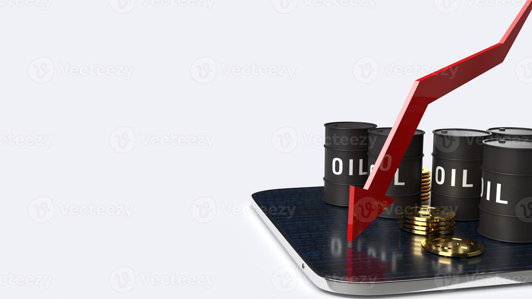 red Arrow pointing down  and oil tanks  3d rendering image for Petroleum business content. photo