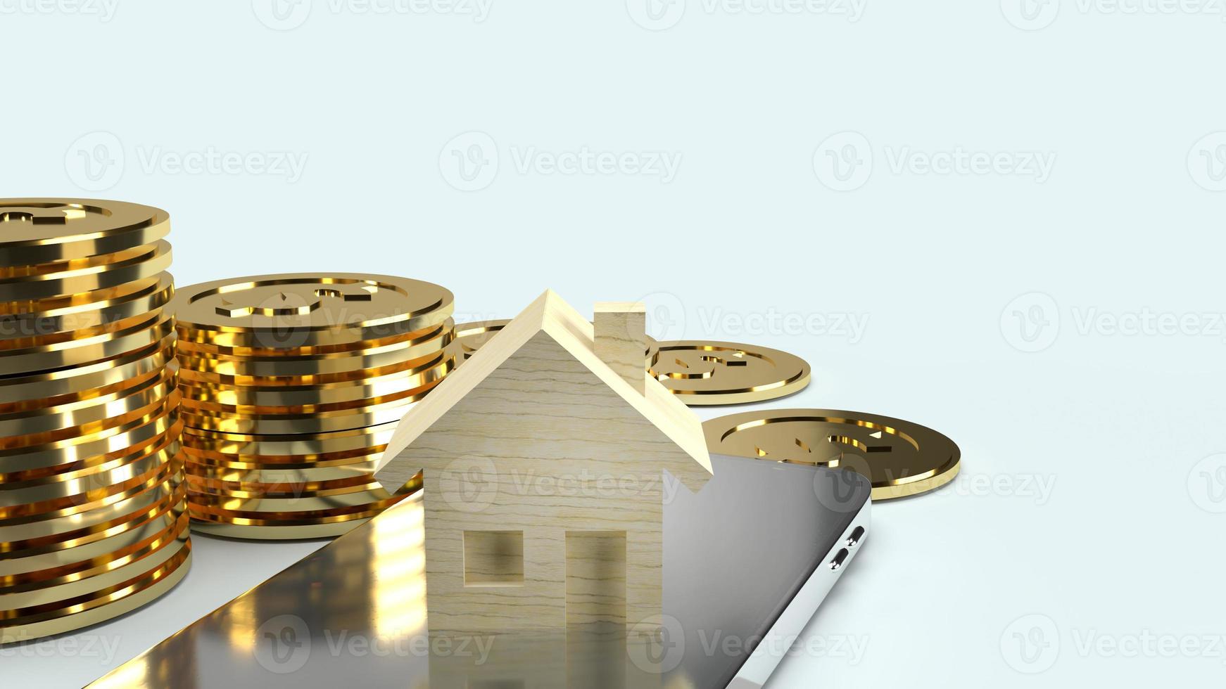 home wood on smartphone and gold coin 3d rendering for property content. photo