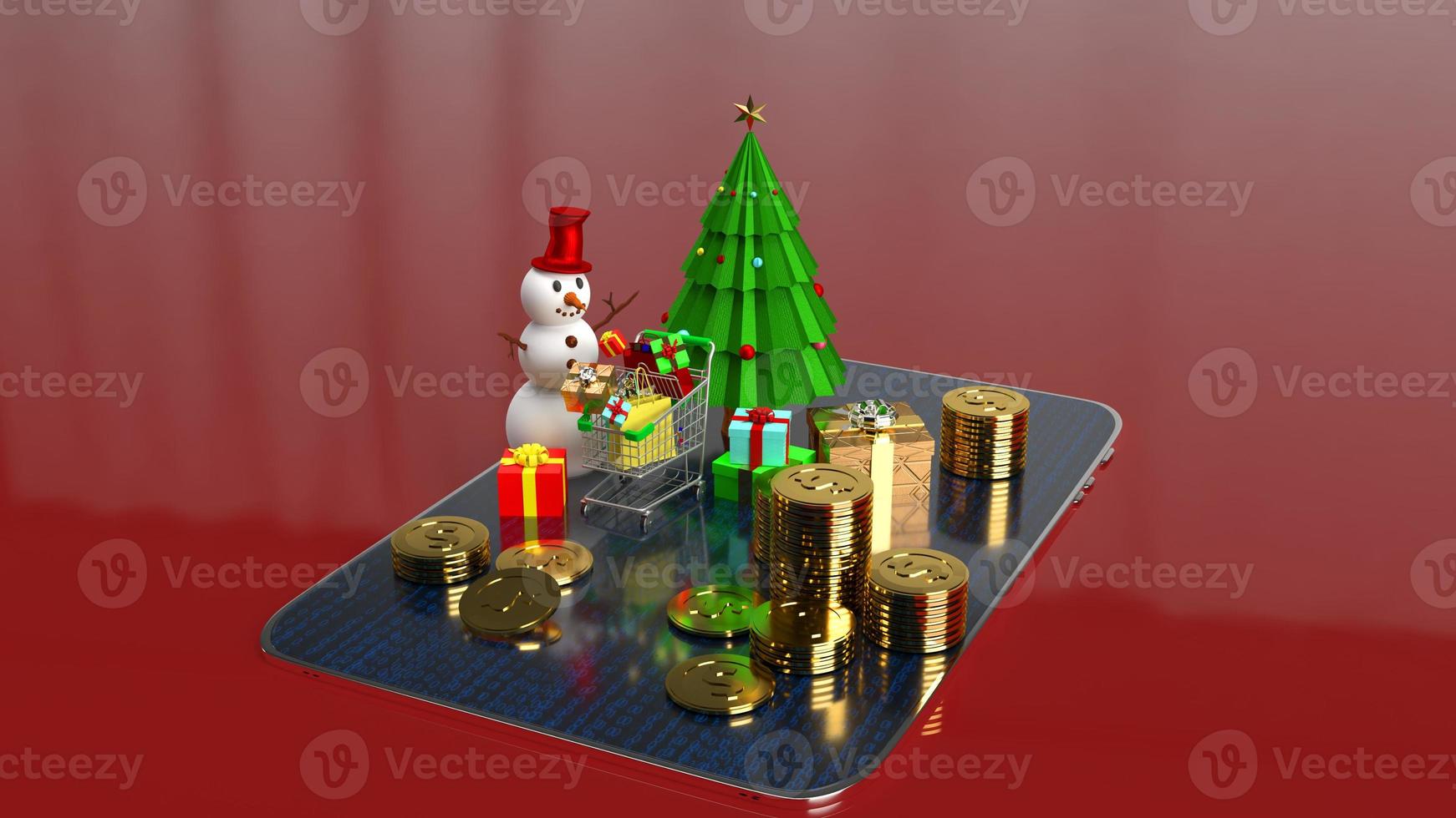 el muñeco de nieve y el carrito de compras en la tableta para marketing en línea en navidad y año nuevo contenido de vacaciones renderizado 3d foto